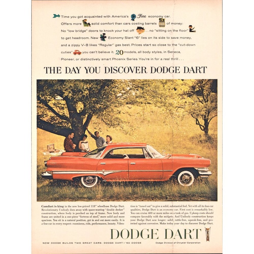 1960 Dodge Dart Red Sedan Vintage Print Ad Picnic Field Trees Wall Art Decor 60s